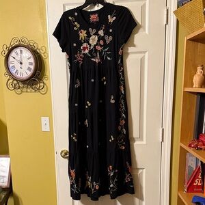 Johnny Was Black Maxi Dress with Multicolor Floral Embroidery